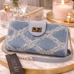 Light Blue Denim Wallet Crossbody with Gold Turn-Lock